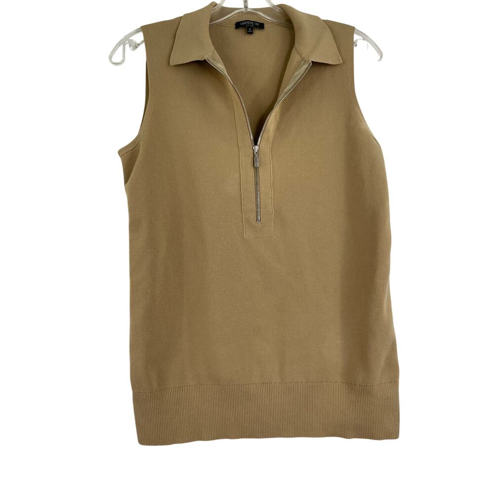 Lafayette 148 New York Tan Knit Sleeveless Blouse Half Zip Women's Sz Small